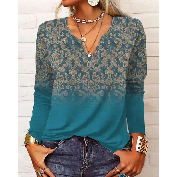 WW | Stil V-Hals-Bluse mit langen Ärmeln - Buntes Blumenmuster-Design für Damen