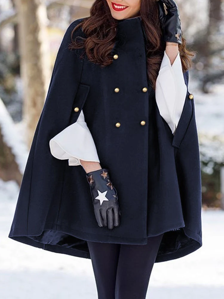 WW | Eleganter Damen Mantel Im Cape Stil, Doppelreihig Mit Zierknöpfen