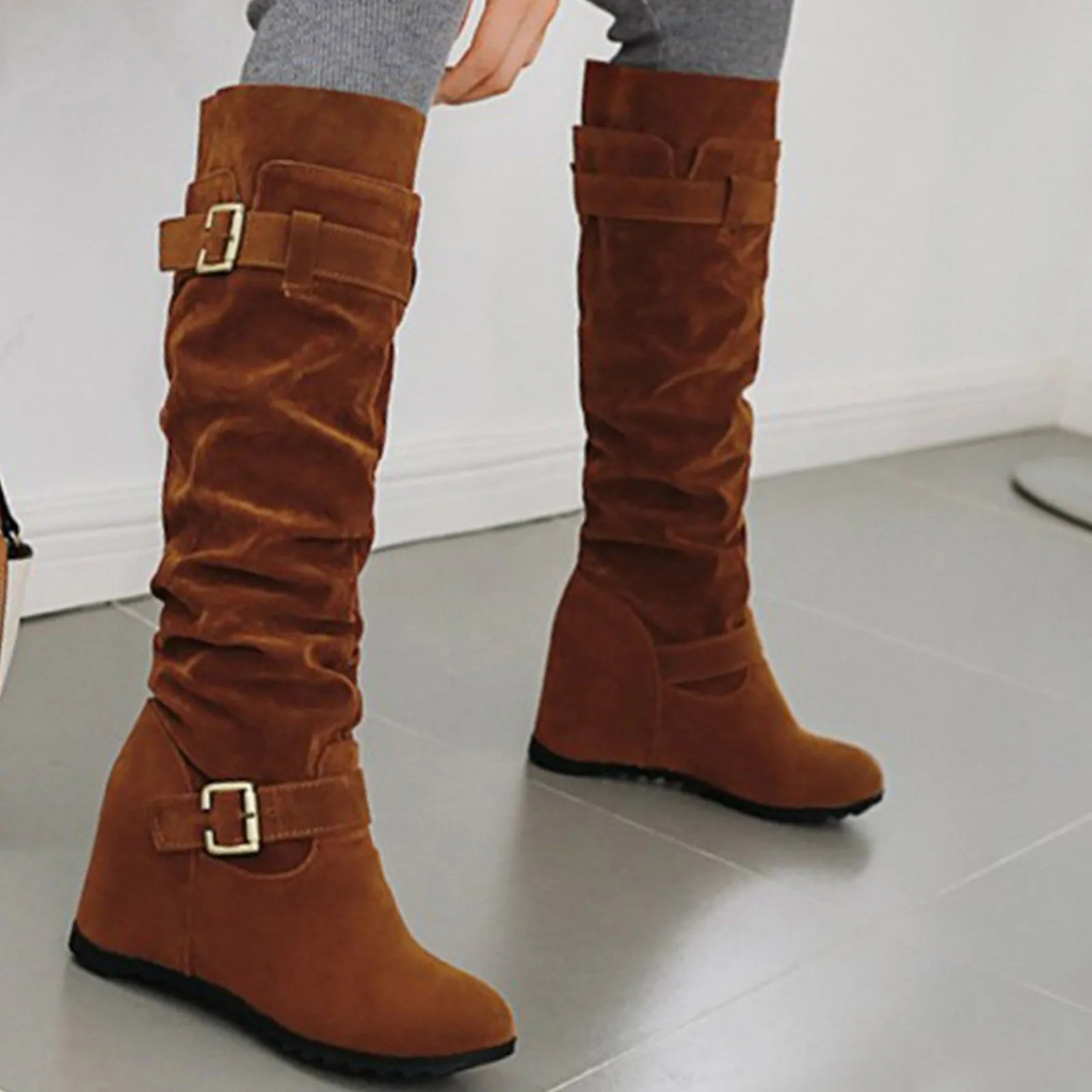 WW | Damen Knielange Stiefel Mit Keilabsatz Und Riemenschnallen Legere Hohe Stiefel