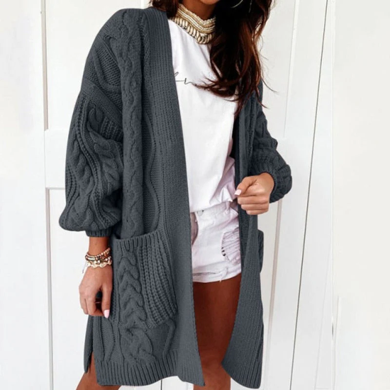 WW | Strickjacke Damen Langer Strickjacke Mit Zopfmuster Und Aufgesetzten Taschen