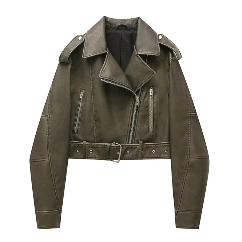 WW | Lederjacke Damen Kurz Biker Modell mit Gürtel und Reißverschlusstaschen