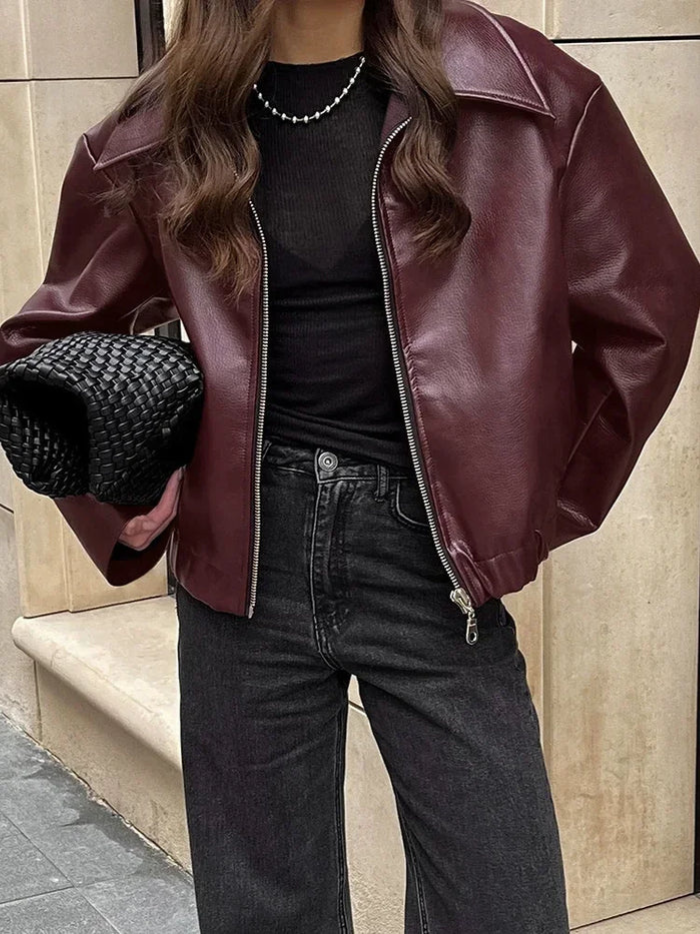 WW | Damen Rote Lederjacke Weinlese Lederjacke Mit Reißverschluss Für Frauen