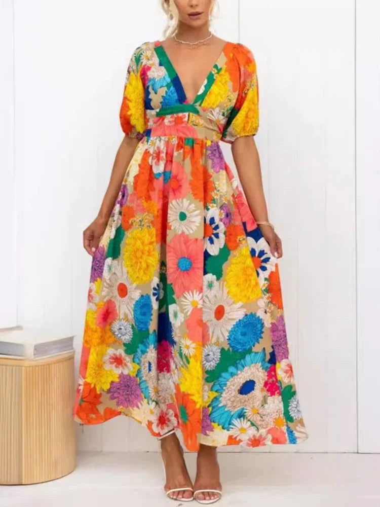 W&W Mode Floral Sommerkleid | Luftiges elegantes Sommerkleid mit V-Ausschnitt und Bubble Sleeves und Blumendruck
