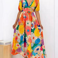 WW Floral Sommerkleid | Luftiges elegantes Sommerkleid mit V-Ausschnitt und Bubble Sleeves und Blumendruck