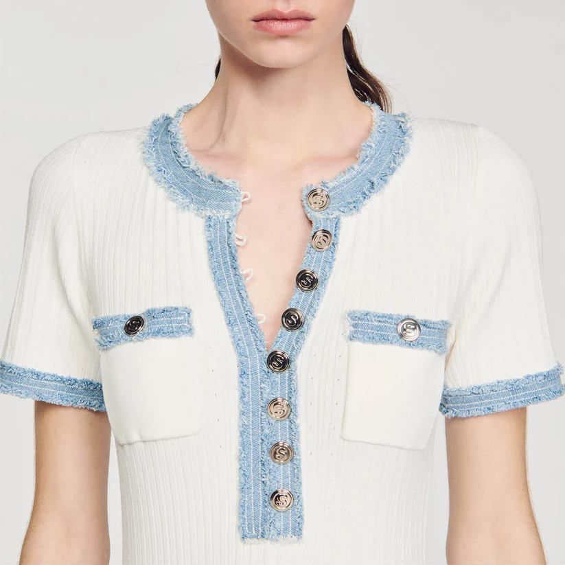 Denim Patchwork-Knopfstrickkleid