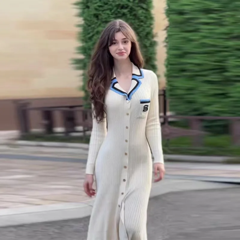 WW | Lange Ärmel Rippstrick Midi Kleid, Strick Damen Kleid