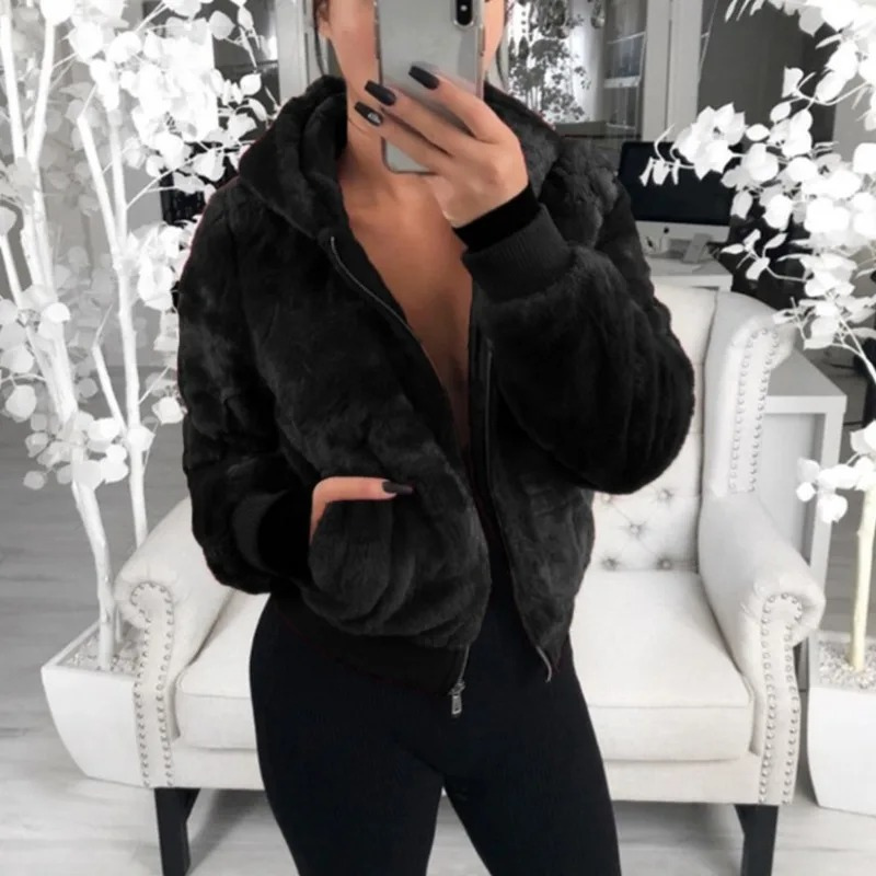 WW | Teddy Jacke Damen Kurzjacke Mit Kapuze Und Reißverschluss