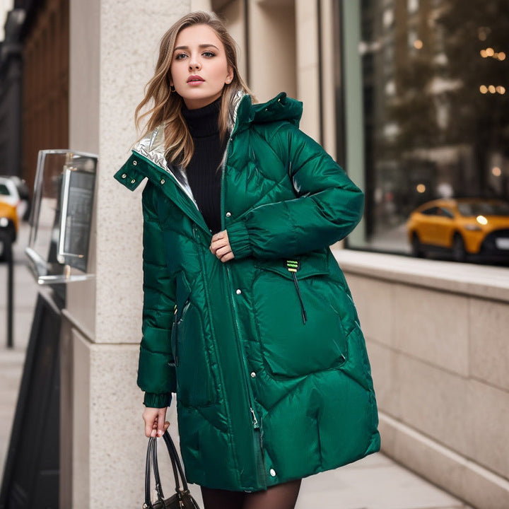 Damen-Winterjacke aus Polyester mit glänzender Oberfläche und lockerem Schnitt