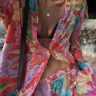 WW | Rosiedress Langarm Bluse mit Knopfleiste und Weite Hosen Blumenmuster Set