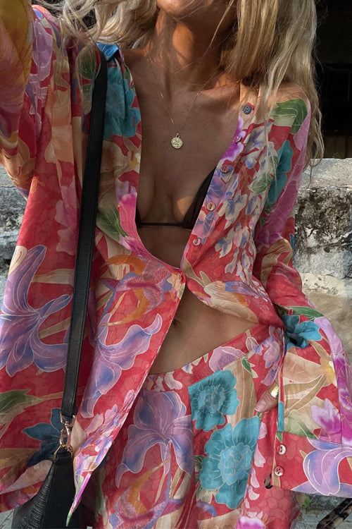 WW | Rosiedress Langarm Bluse mit Knopfleiste und Weite Hosen Blumenmuster Set
