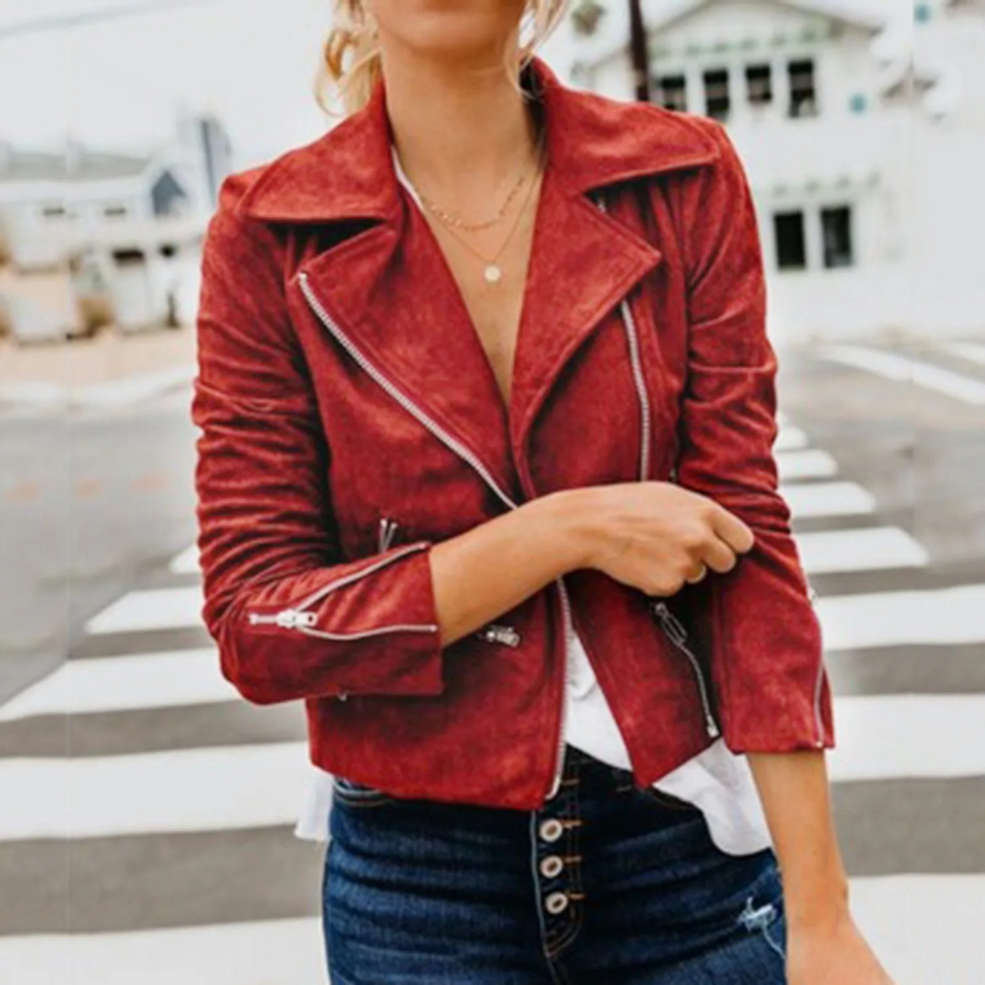 W&W Mode | Sport Stil Rot Leder Schnalle Damen Sommerjacke