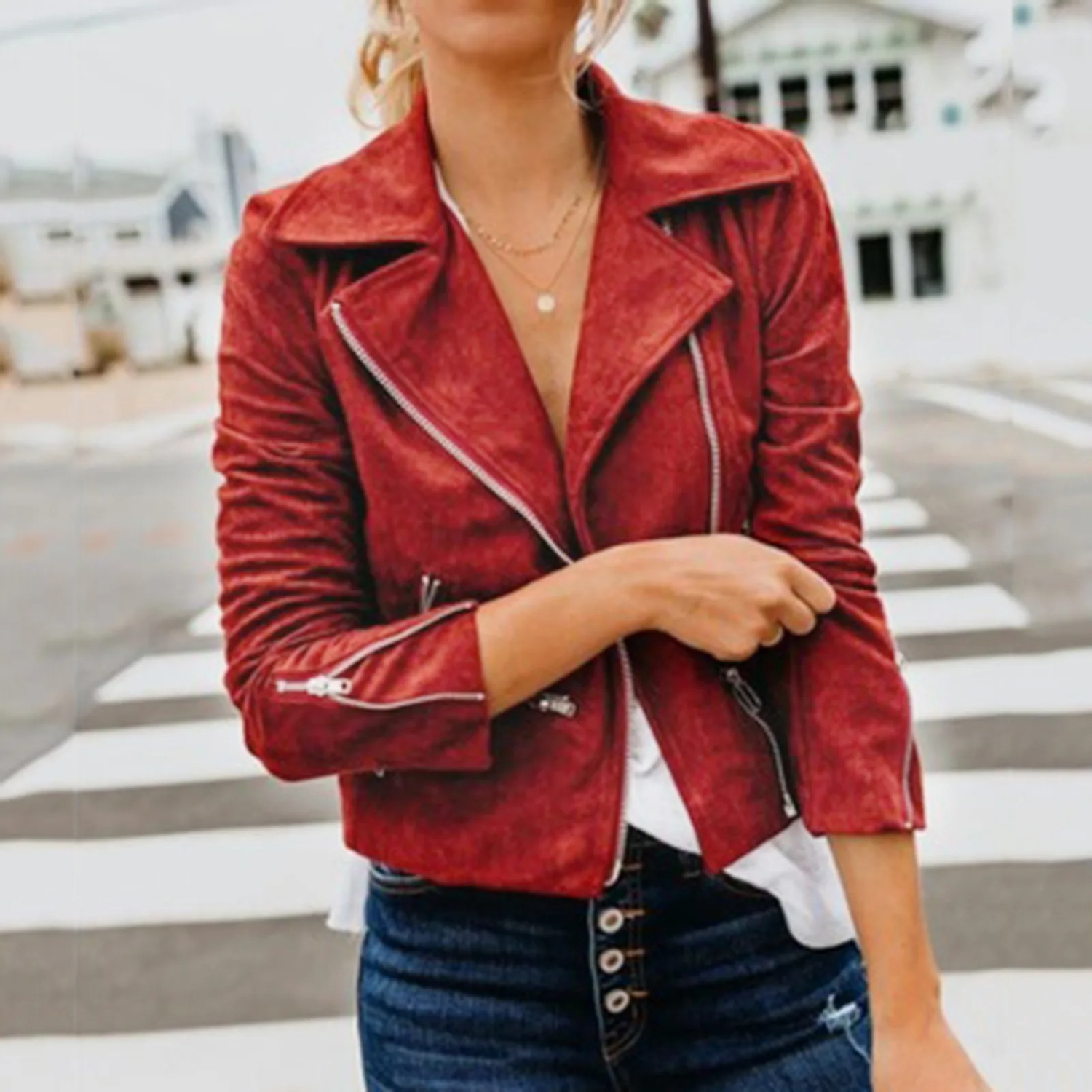 WW | Sport Stil Rot Leder Schnalle Damen Sommerjacke