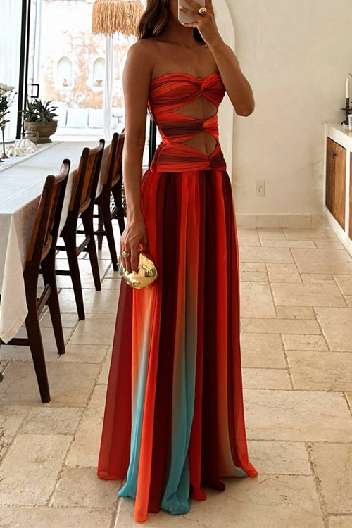 WW | Strapless Twist Front Cut Out Farbiges Mesh Maxi Kleid