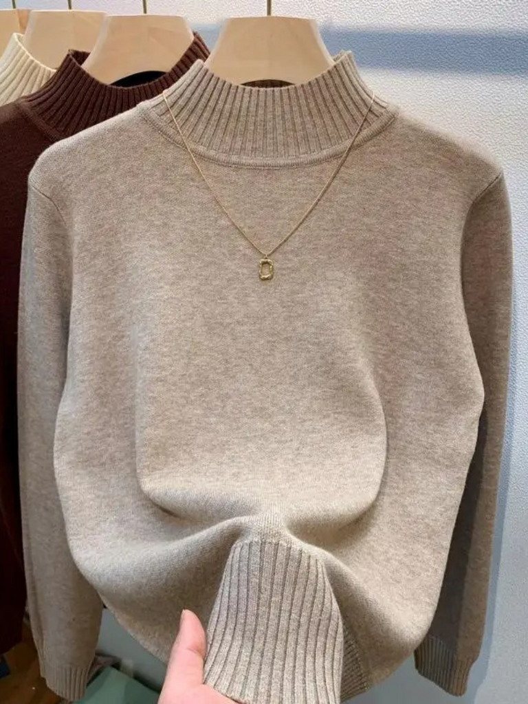 WW | Damen Rollkragenpullover Gerippter Saum Warme Strickwaren Rollkragenpullover Damen