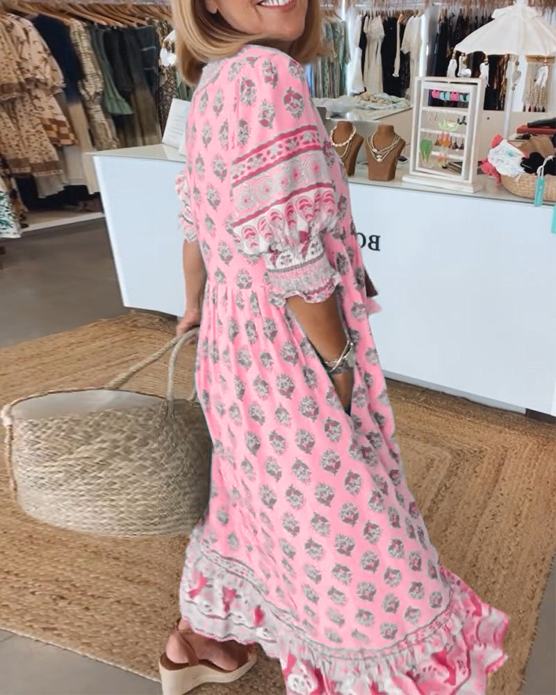 WW | Lässiges Bedrucktes Kleid mit V-Ausschnitt und Halblangen Ärmeln