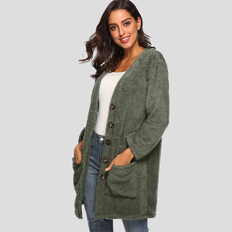 WW | Damen Strickjacke Mit Knöpfen, Kuscheliges Teddyfleece, Mit Taschen