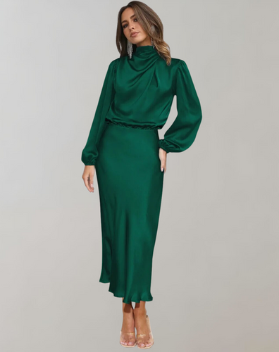 W&W Mode | Klassisches Satin Kleid Mit Hohem Kragen Und Langen Ärmeln Für Frauen
