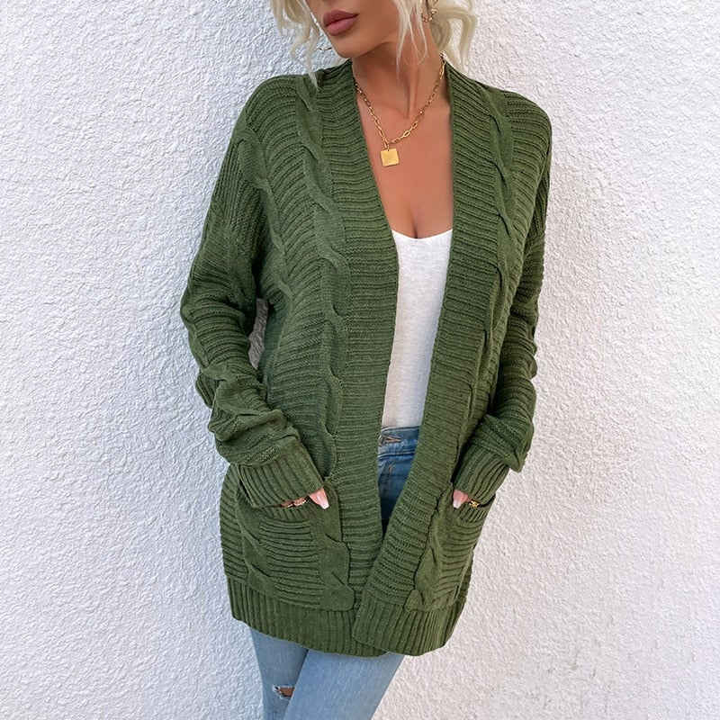 WW | Damen Strickjacke Mit Zopfmuster, Offenes Design, Lässig Und Bequem