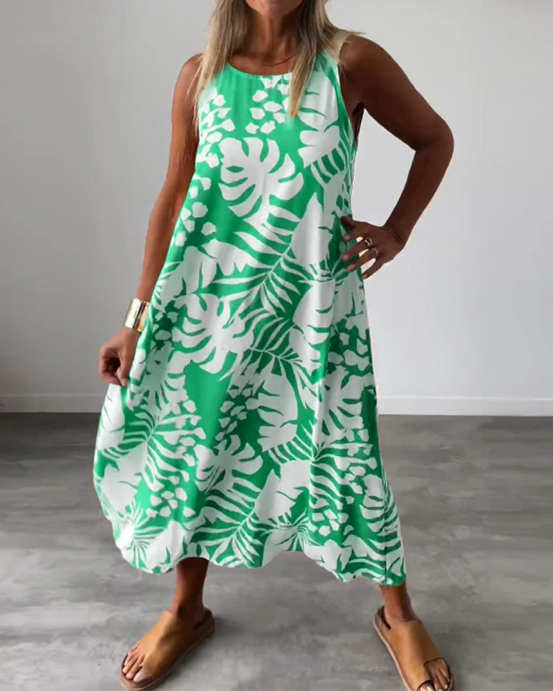 WW | Lässiges, Ärmelloses Kleid mit Blattmuster