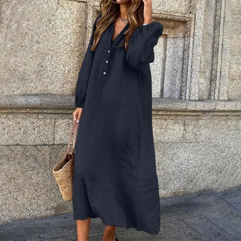 WW | Bequemes Leinenkleid mit V-Ausschnitt aus Baumwolle