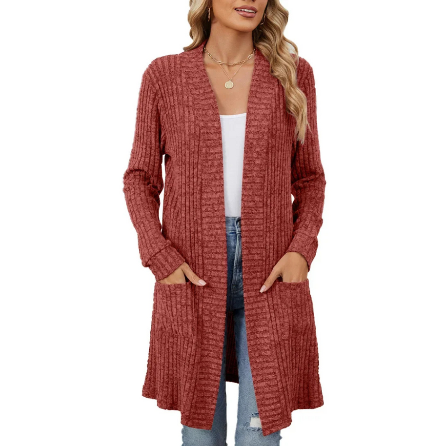 WW | Lange Strickjacken Damen Gerippte Offene Vorderseite Jacke mit Taschen