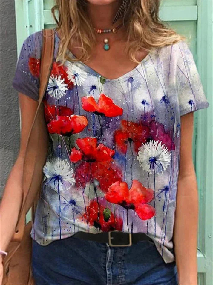 WW | Shirt Mit V-ausschnitt Malerei Blumenkunst