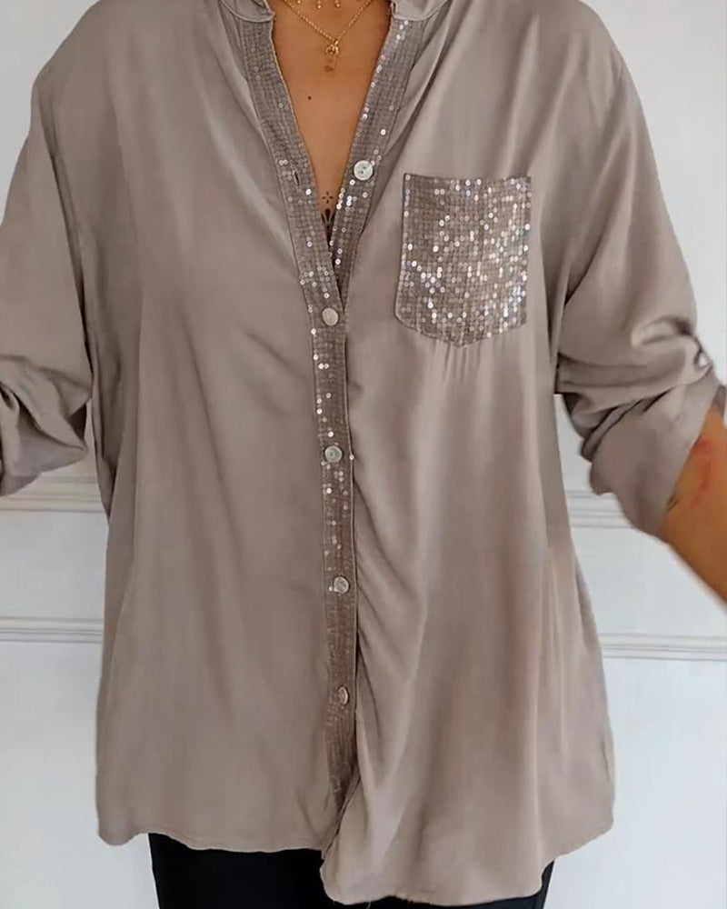 WW - Schicke Bluse mit Knopfleiste und Paillettenbesatz für Damen | Elegante Langarmbluse mit Paillettentasche