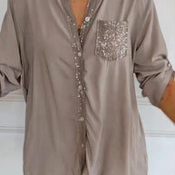 WW - Schicke Bluse mit Knopfleiste und Paillettenbesatz für Damen | Elegante Langarmbluse mit Paillettentasche