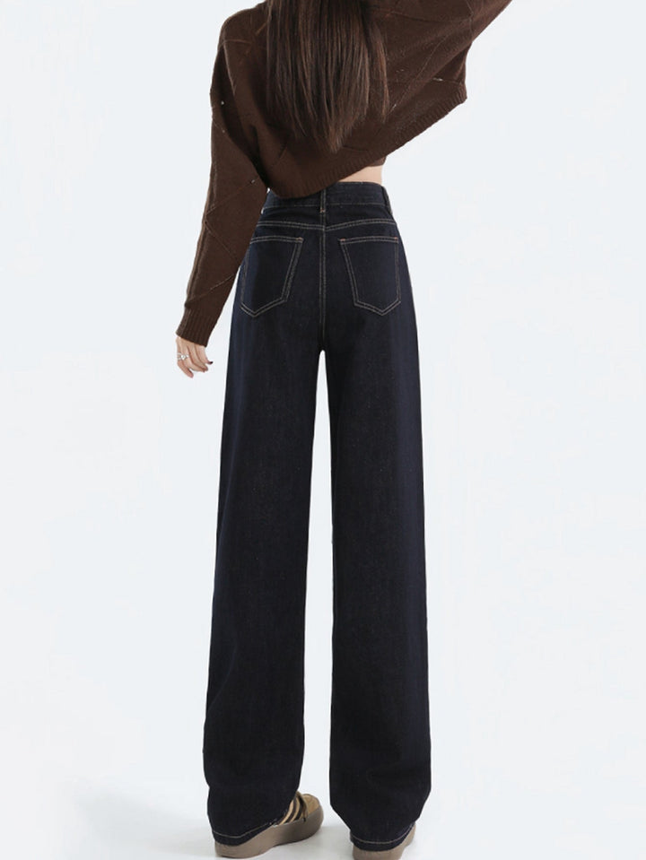 W&W Mode | Lockere Dunkle Hohe Taillen Bodenlange Denim Hose