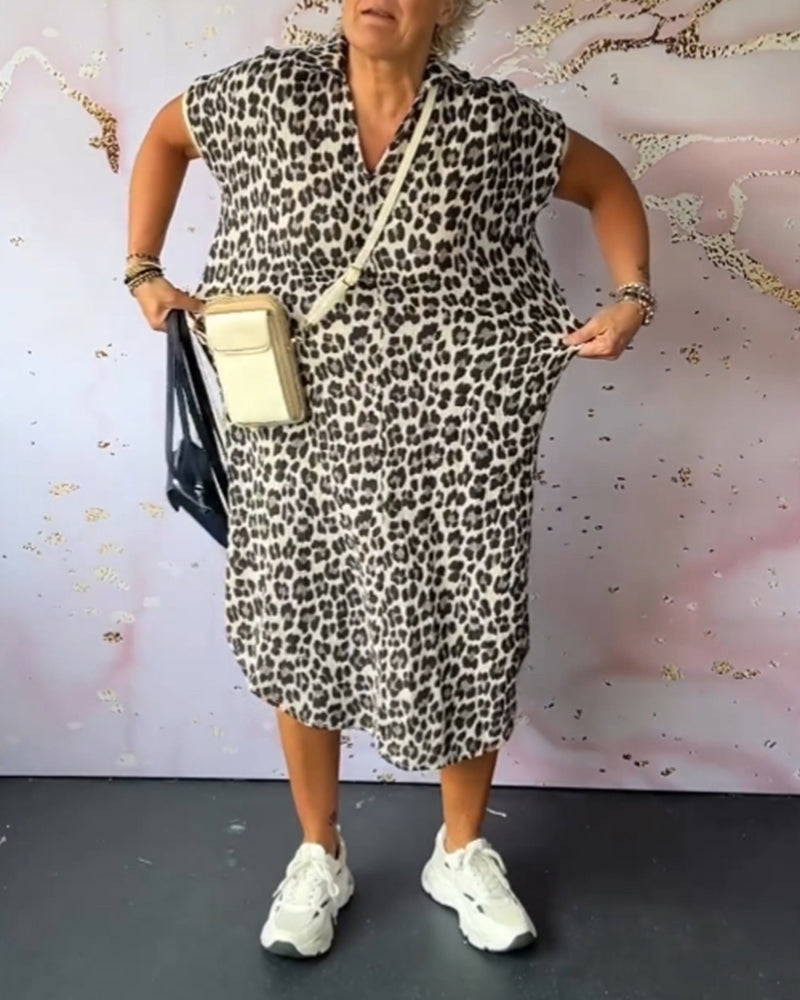 WW | Kurzärmliges Kleid mit Leopardenmuster und V-Ausschnitt
