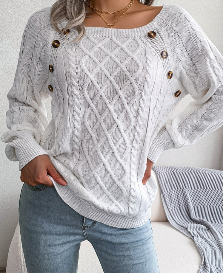 WW Pullover | Gestrickter eleganter Damen-Pullover mit Knöpfen und Rippenmotiv