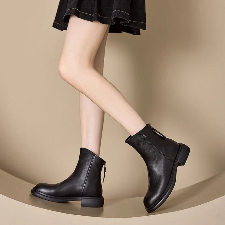 Damen Leder-Ankle-Boots mit rückseitigem Reißverschluss und niedrigem Absatz