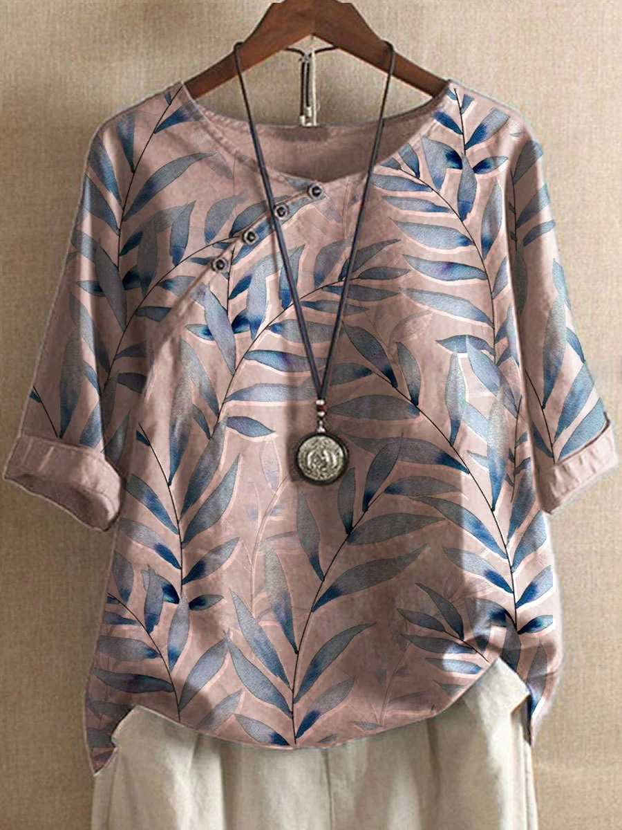 WW | Freizeit-T-Shirts aus Baumwolle und Leinen, mit Sommerblumenmotiven und Knöpfen