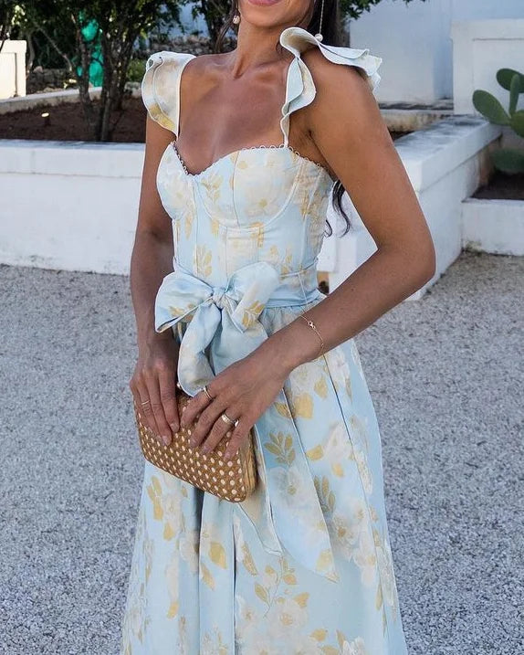 Damen bedrucktes Kleid mit Rüschenschultern, Taillenknoten und Schlitzen