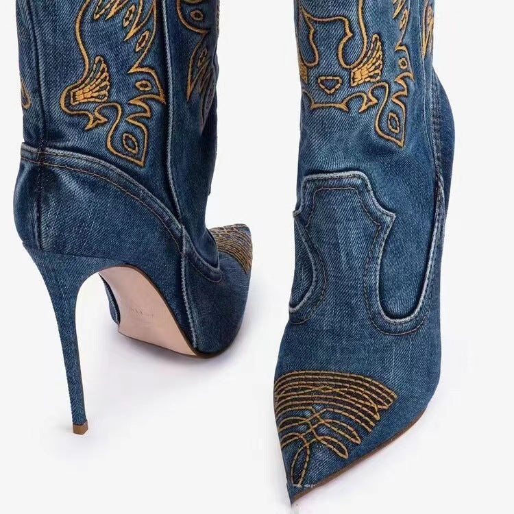 WW | Damenmode Western Denim Stil High Heels Stiefel