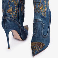 WW | Damenmode Western Denim Stil High Heels Stiefel