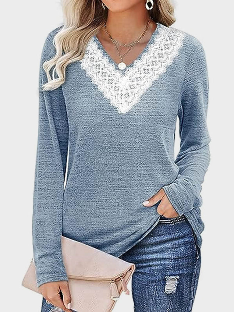 WW | Spitzen-Detail V-Ausschnitt Langarm-T-Shirt