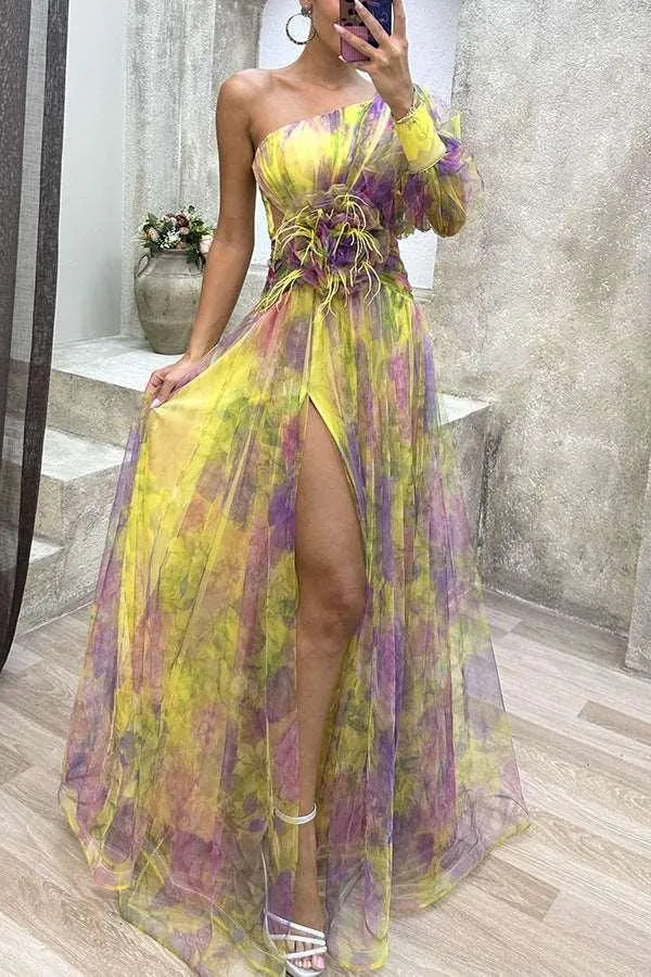 WW | Long party dress with off-the-shoulder, split print.