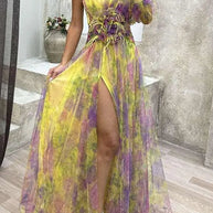 WW | Long party dress with off-the-shoulder, split print.