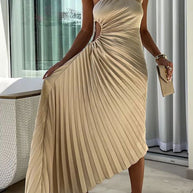 WW | Romantische Nächte Satin Erhabenes Blumen Elastisches Cutout Ein-Schulter Plissee Maxi Kleid