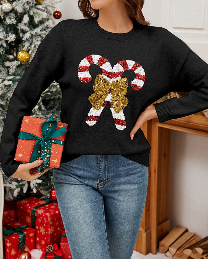 W&W Mode | Weihnachtszuckerstangen-Schleifen-Pailletten-Pullover