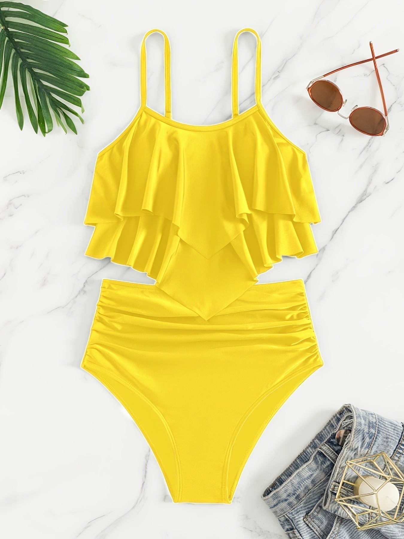 WW | Raffung, Geschichtete Zweiteiliges Schwarzes Tankini für Damen