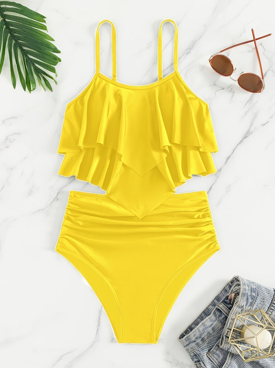 WW | Raffung, Geschichtete Zweiteiliges Schwarzes Tankini für Damen