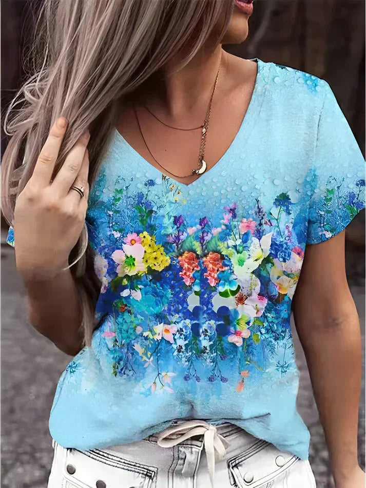 WW | T-Shirt mit V-Ausschnitt und Floralem Druck