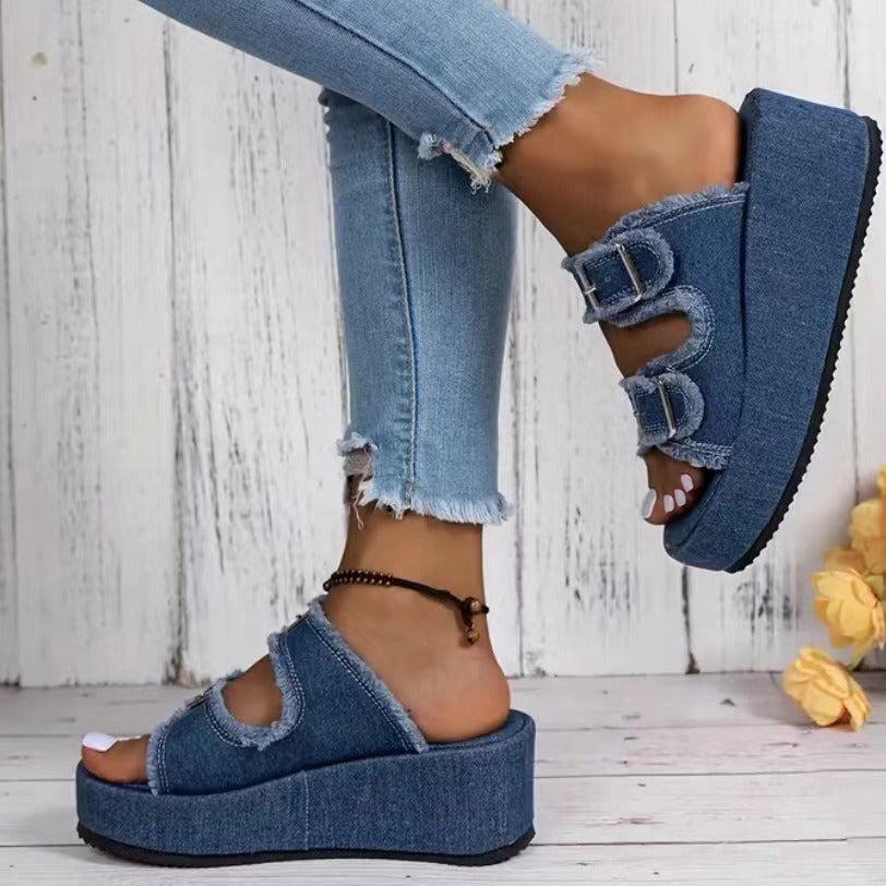 WW Denim-Sandalen mit Schnalle
