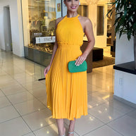 WW | Elegantes X-Sommer Midikleid mit Rundhalsausschnitt und Gesch Gathered Taille