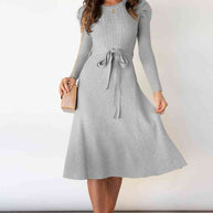 WW | Rundhalsausschnitt Langarm Knoten Taille Pullover Kleid