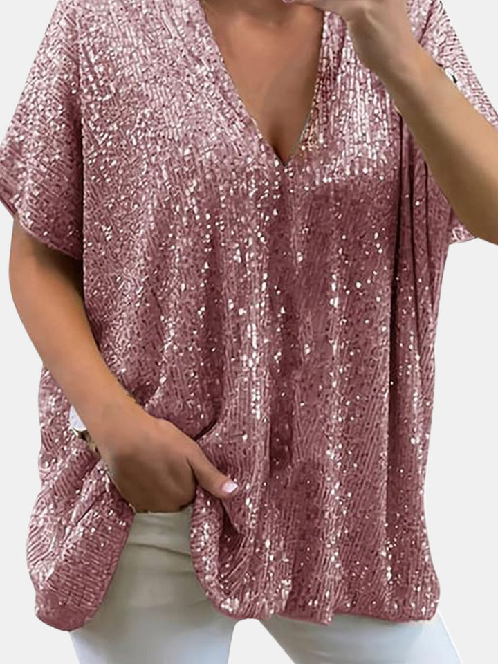 W&W Mode | Paillettenoberteil mit V-Ausschnitt und kurzen Ärmeln für Damen