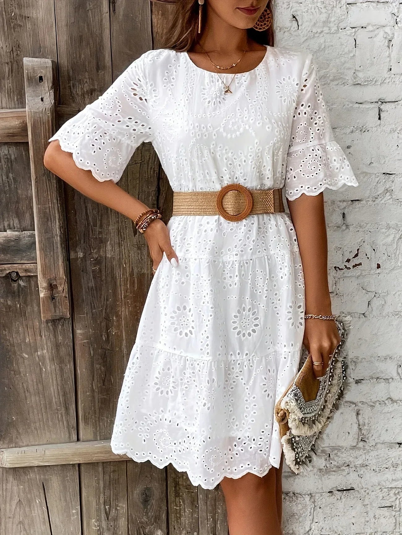 WW | Weiße Spitzenkleid für Damen Leicht, Bestickt und Sommerlich