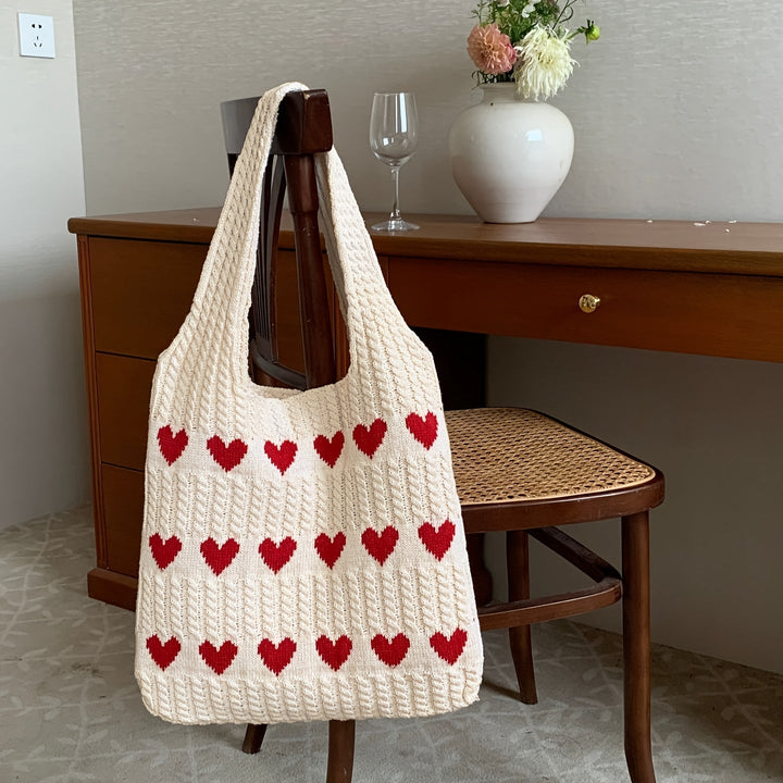 Damen-Strick-Shopper mit Herzmotiv und offenem Design